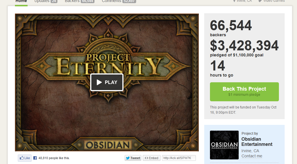 Project Eternity стала самой успешной игрой на Kickstarter - Изображение 1 Project Eternity стала самой успешной игрой на Kickstarter - Изображение 1