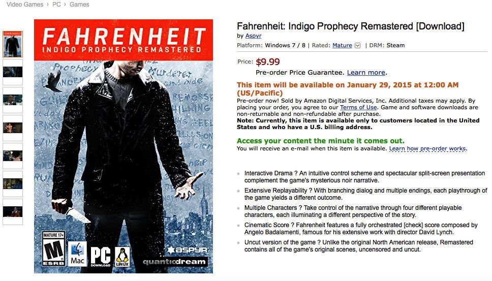 Fahrenheit: Indigo Prophecy Remastered — 29 января, $9.99, полная режиссерская версия - Изображение 1 Fahrenheit: Indigo Prophecy Remastered — 29 января, $9.99, полная режиссерская версия - Изображение 1